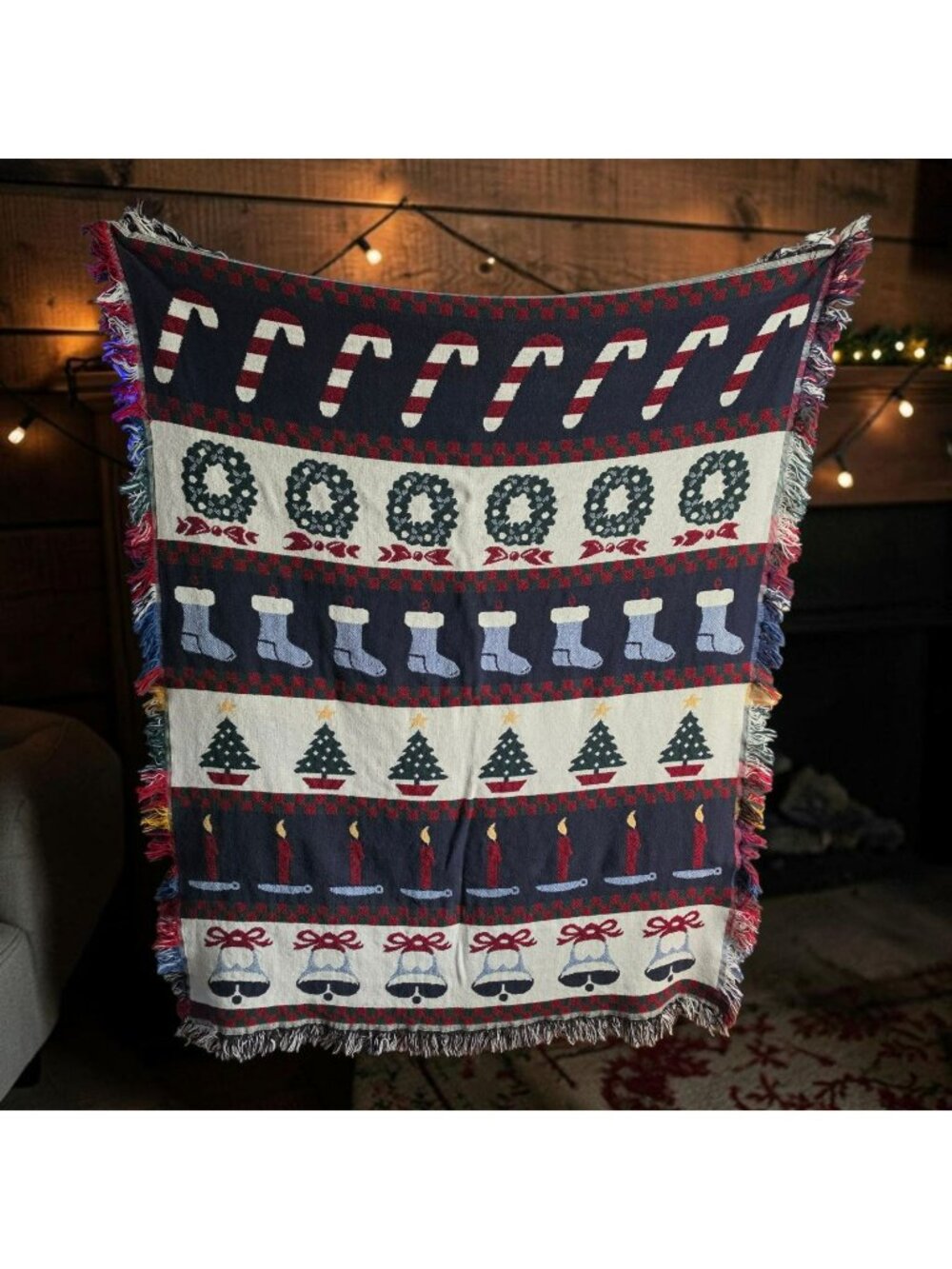Holiday Christmas Throw Blanket Candy Cane Stocking Wreath Tree Bell Candle